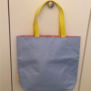Clinique Light Blue Fabric Tote Bag with Floral Satin Lining and Yellow Straps